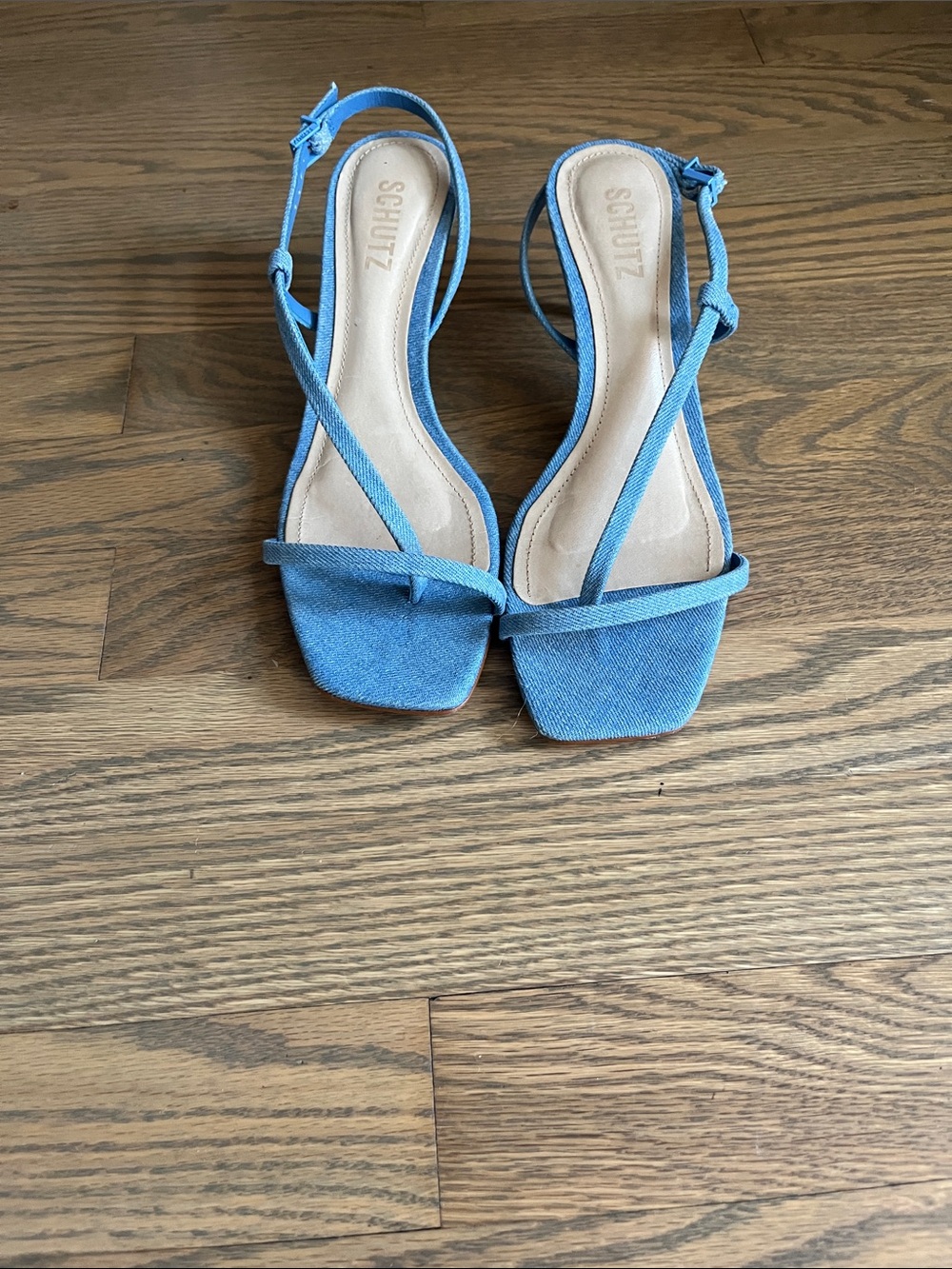 SCHUTZ Denim Blue Strappy ySquare-Toe Slingback kitten Heels